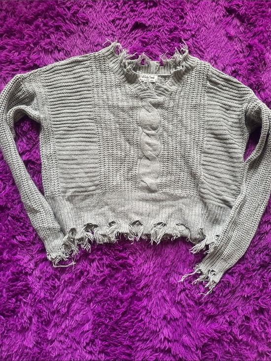Full Circle Trends Sweaters - Off-the-Shoulder Distressed Cable Knit Sweater - Light Gray